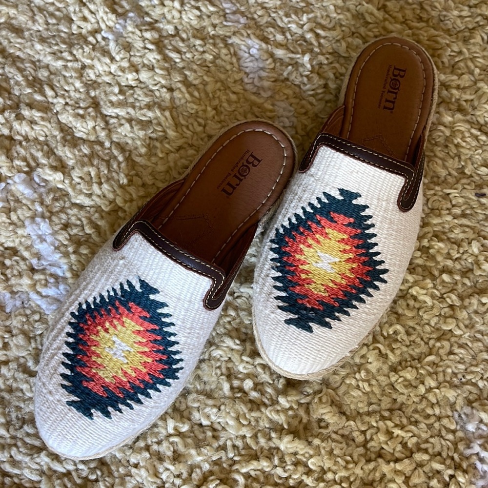 Born Gretta winter white cotton mule western boho tapestry slides slip on ivory